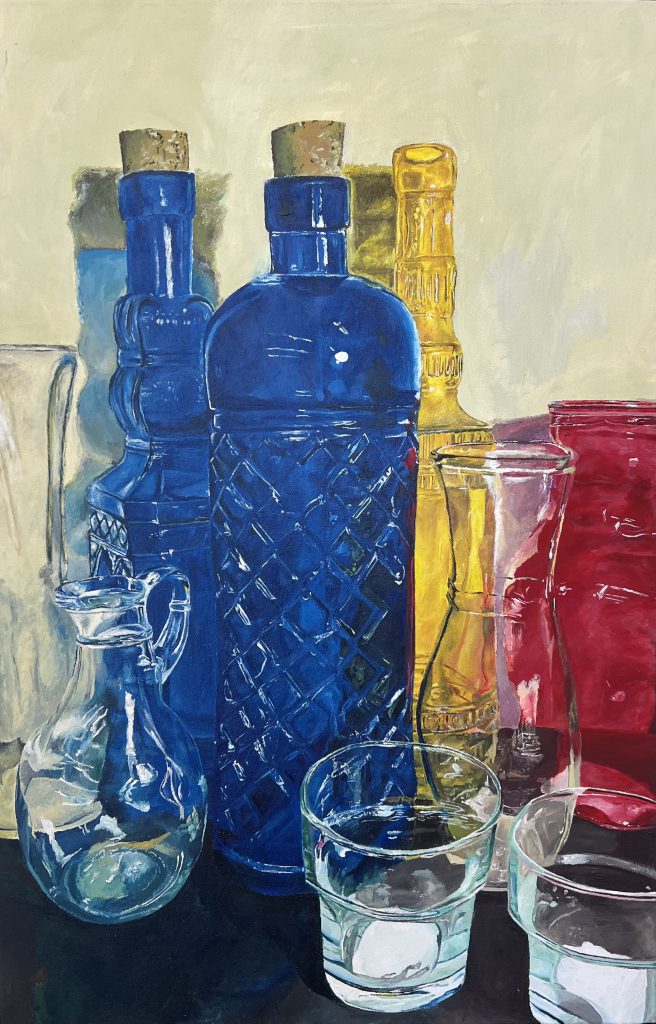 Image of a painting of several glass bottles and cups