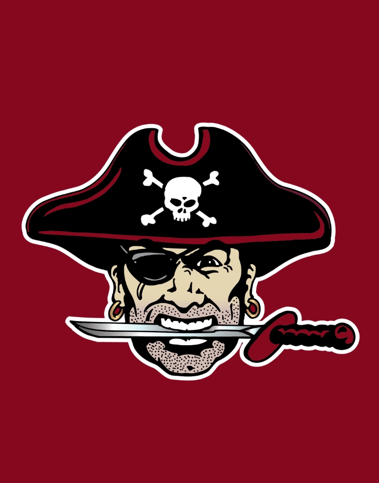 A pirate head on a red background